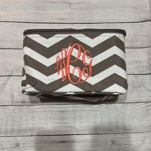 Brown & White Chevron Cosmetic Bag with Monogram wCg